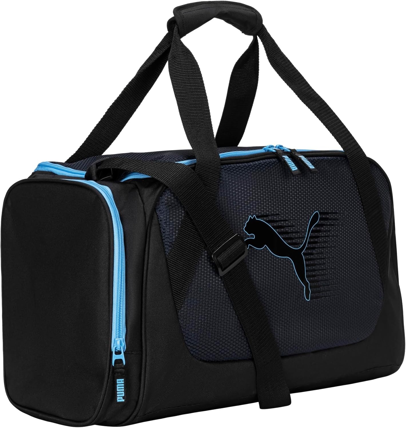 image:imagePUMA Form Factor Duffel with Adjustable Strap Padded Bottom amp Zip Pockets Black Heather One SizeNew NavyLight BlueBlack