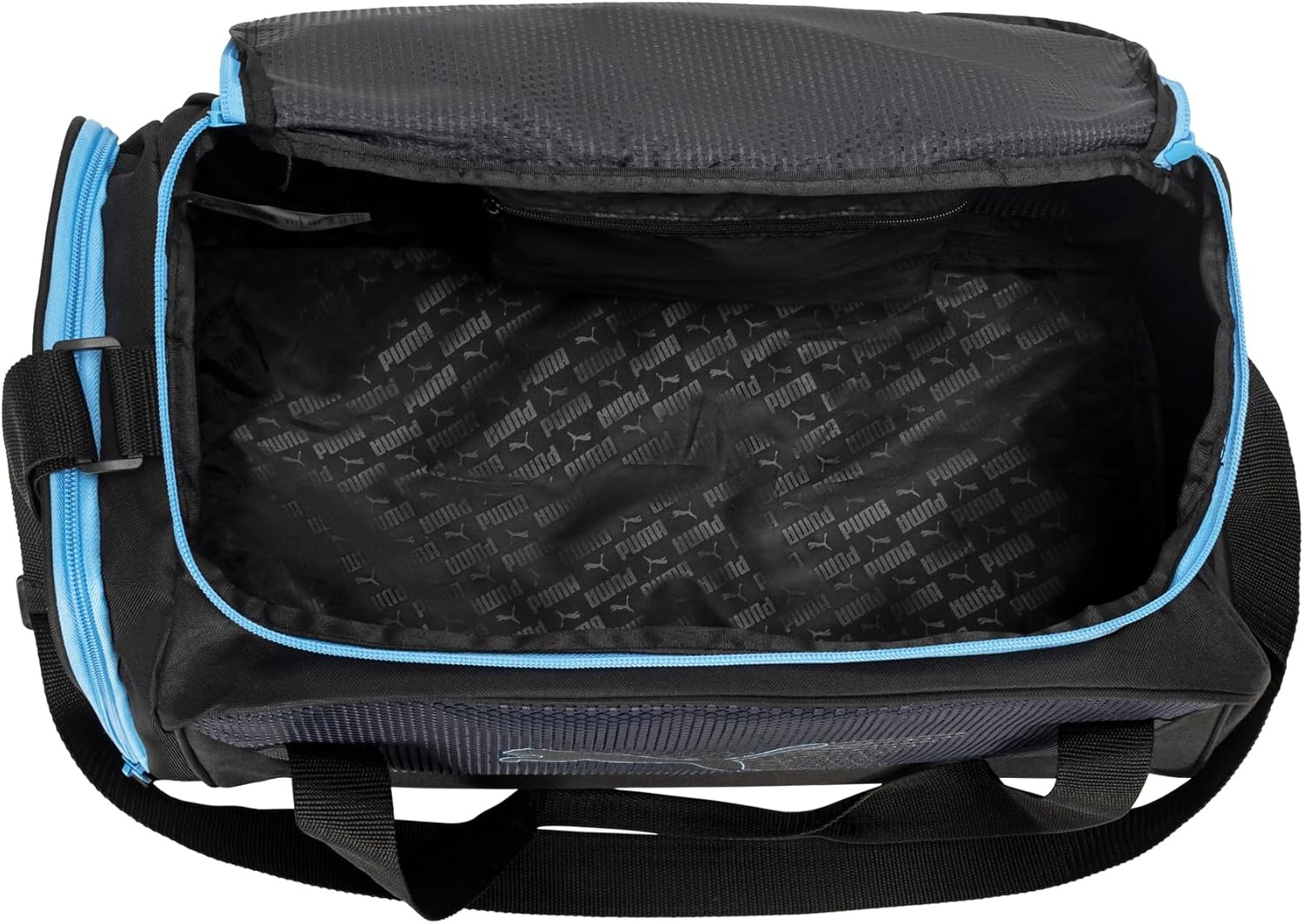 image:imagePUMA Form Factor Duffel with Adjustable Strap Padded Bottom amp Zip Pockets Black Heather One SizeNew NavyLight BlueBlack