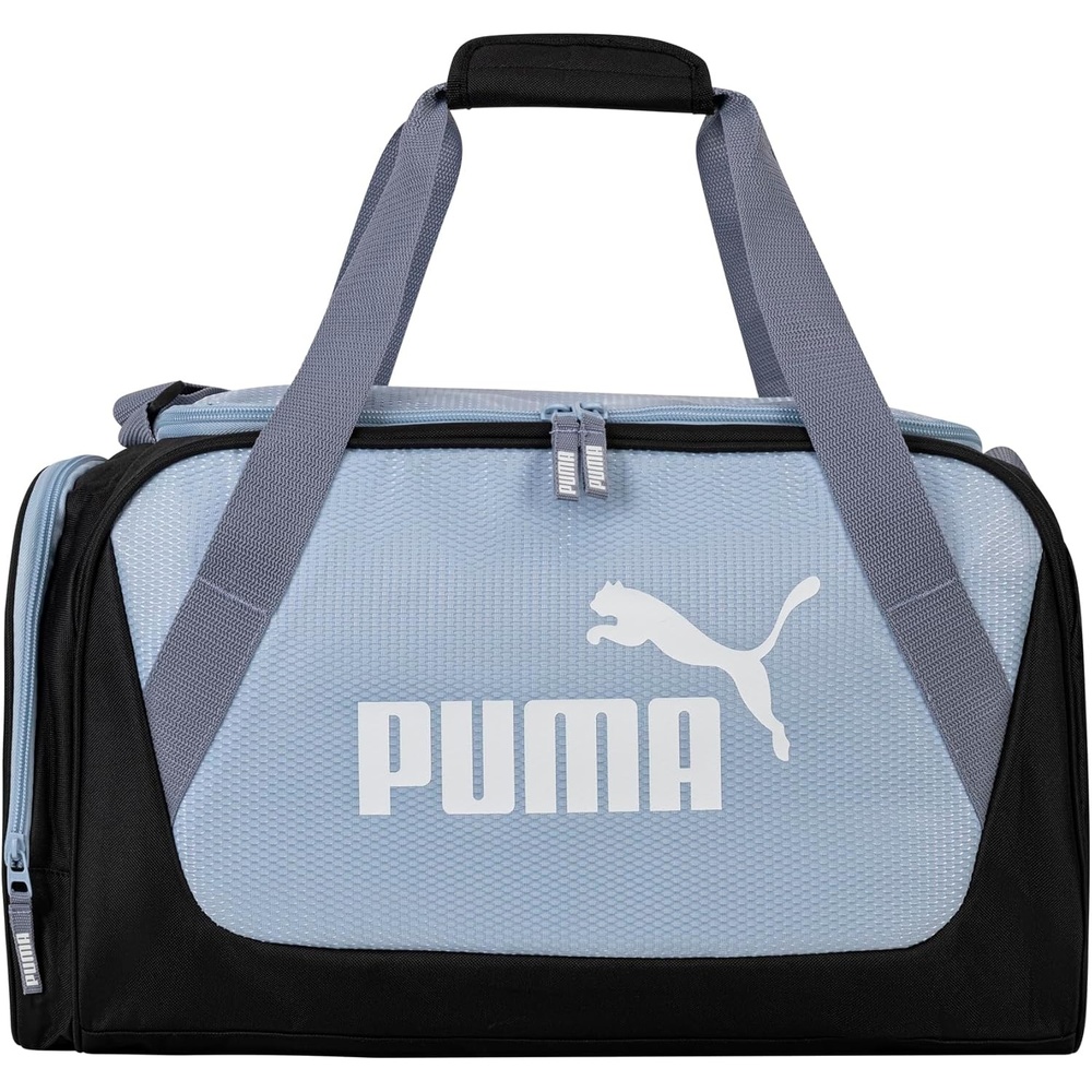 image:imagePUMA Form Factor Duffel with Adjustable Strap Padded Bottom amp Zip Pockets Black Heather One SizeSnow Mountain BlueGrey Sky