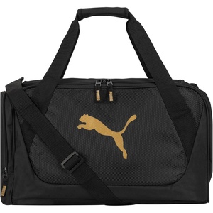 PUMA Form Factor Duffel with Adjustable Strap, Padded Bottom & Zip Pockets, Black Heather, One Size(Black/Gold)