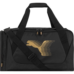PUMA Form Factor Duffel with Adjustable Strap, Padded Bottom & Zip Pockets, Black Heather, One Size(Black/Running Gold)