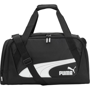PUMA Form Factor Duffel with Adjustable Strap, Padded Bottom & Zip Pockets, Black Heather, One Size(Black/White)