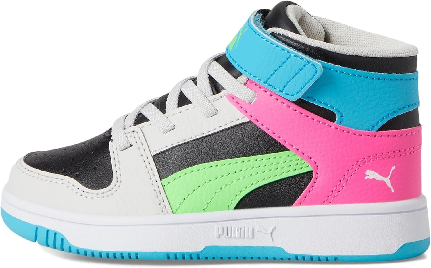 image:imagePUMA Kids Rebound Layup Mid Hook and Loop SneakersPuma BlackFluro Green PesFeather Gray