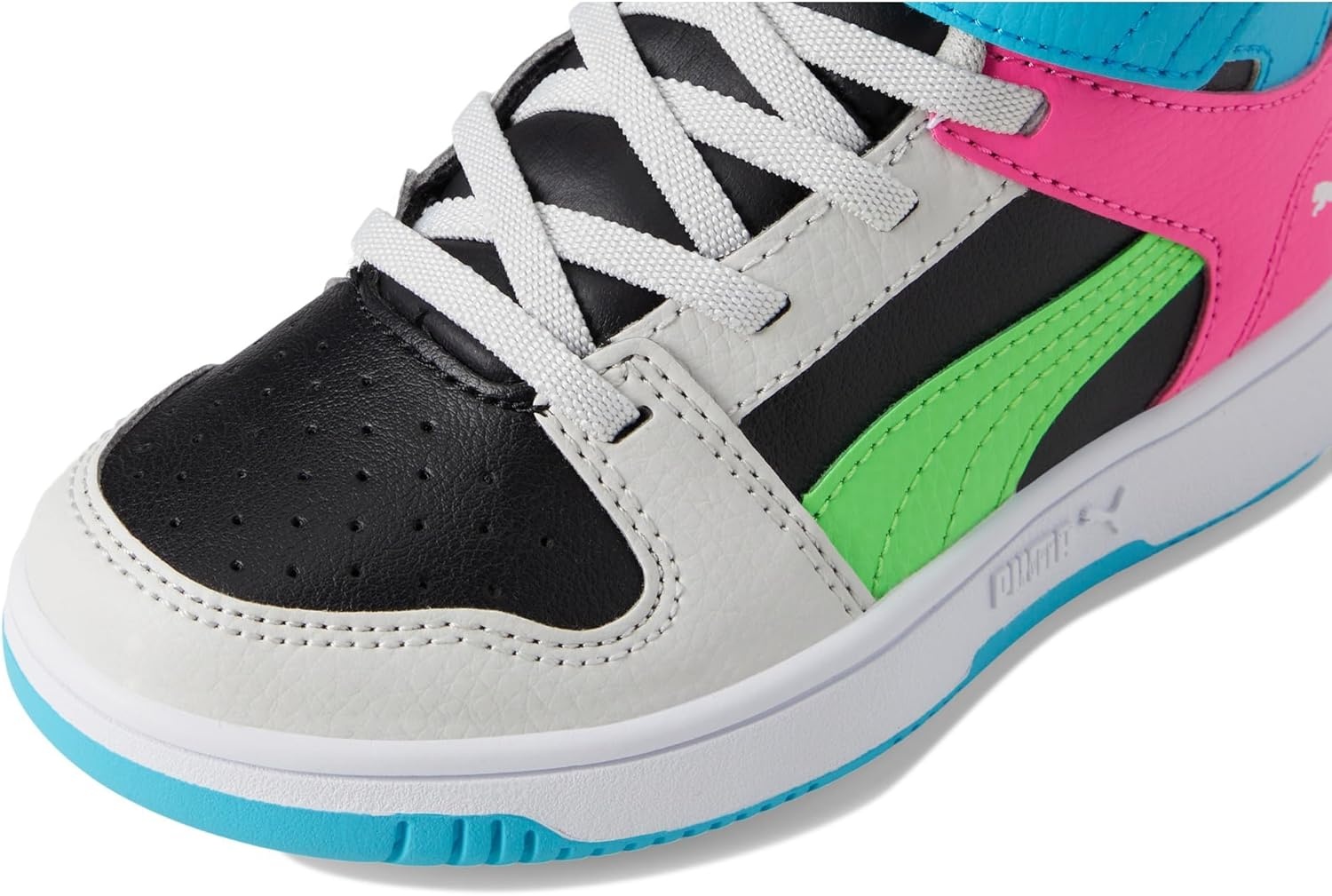 image:imagePUMA Kids Rebound Layup Mid Hook and Loop SneakersPuma BlackFluro Green PesFeather Gray