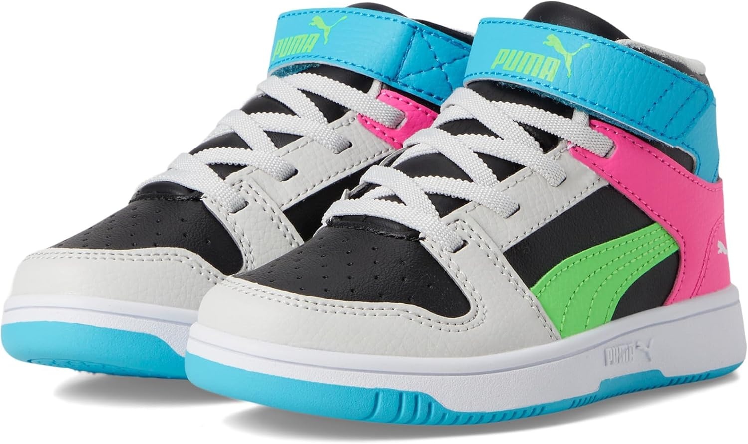 image:imagePUMA Kids Rebound Layup Mid Hook and Loop SneakersPuma BlackFluro Green PesFeather Gray