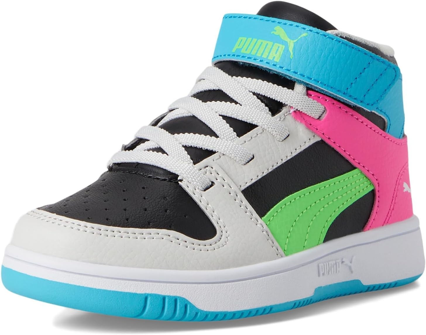 image:imagePUMA Kids Rebound Layup Mid Hook and Loop SneakersPuma BlackFluro Green PesFeather Gray