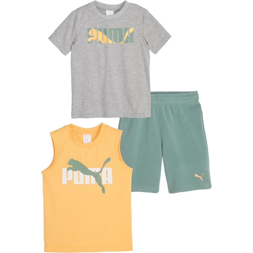 image:imagePUMA Boys 3 Piece Set Short Sleeve Cotton Jersey Tshirt and Muscle Tee amp Matching ShortApricotHeather Grey