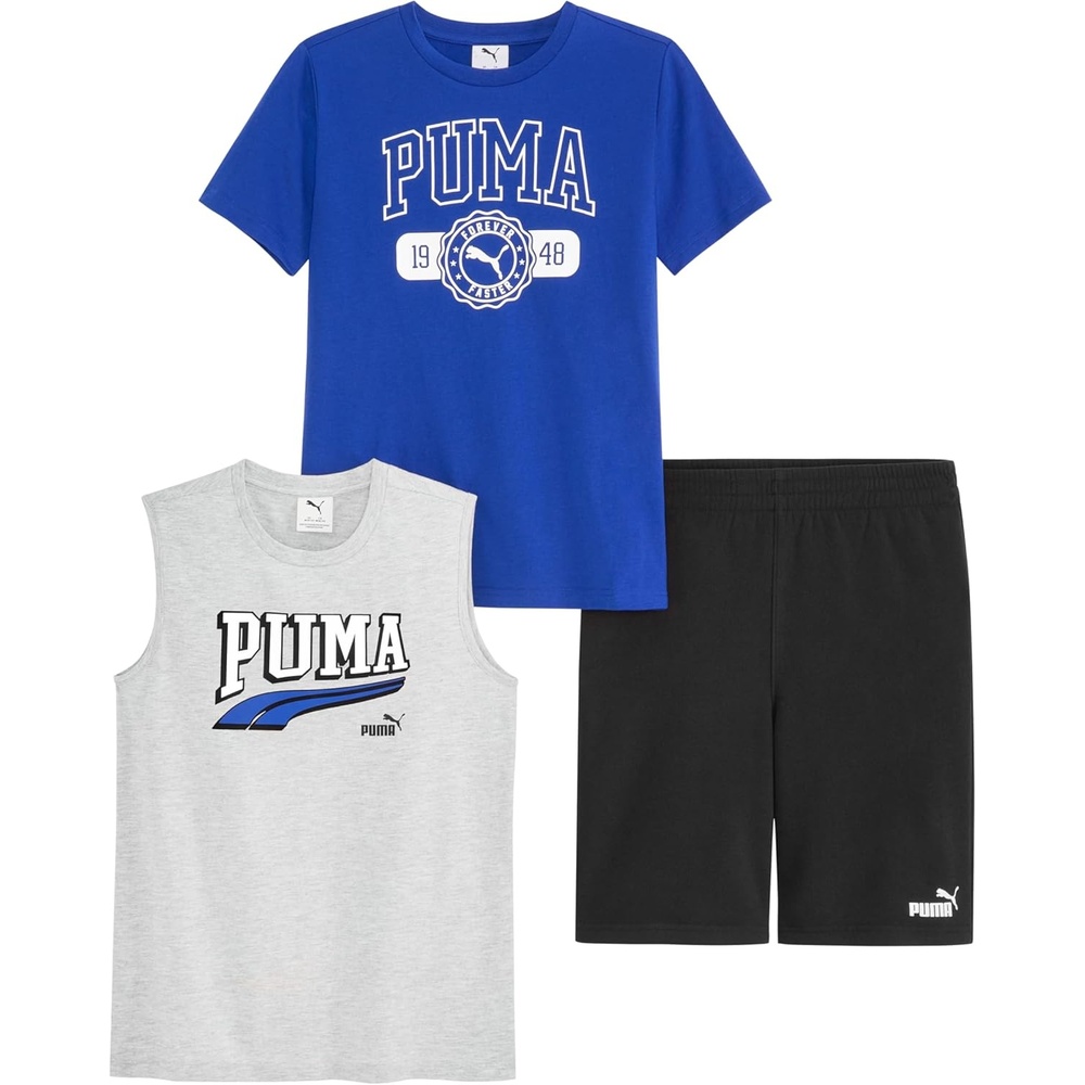 image:imagePUMA Boys 3 Piece Set Short Sleeve Cotton Jersey Tshirt and Muscle Tee amp Matching ShortHeather GreyBlue