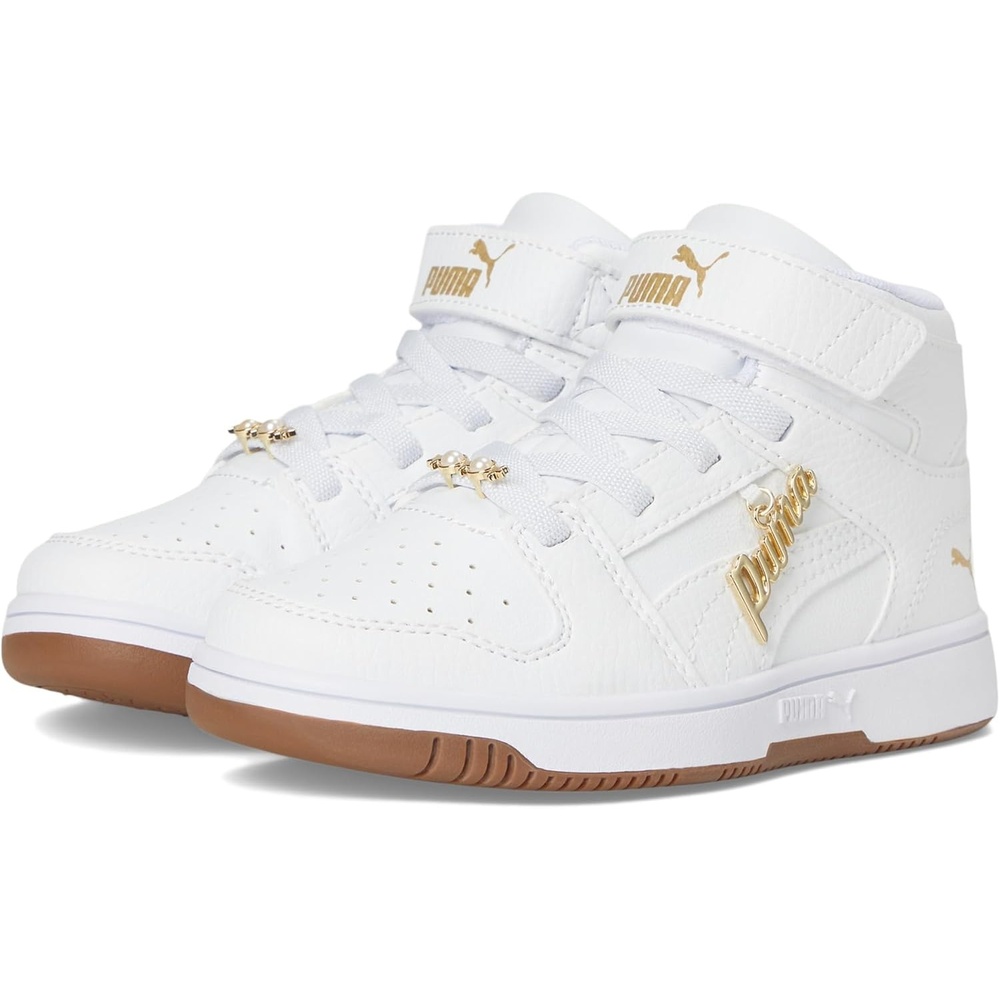 image:imagePUMA Kids Rebound Layup Mid Hook and Loop SneakersWhitewhitegold Ah25