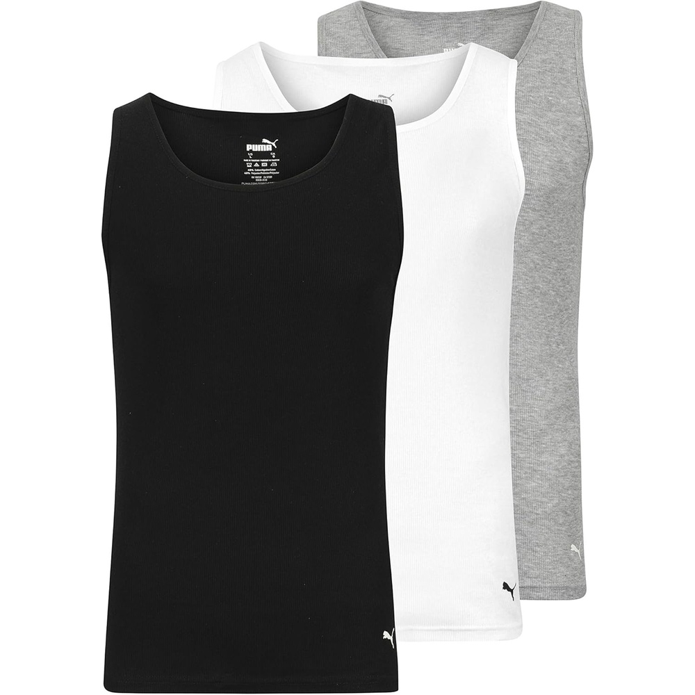 image:imagePuma Mens Mens 3 Pack Ribbed Tank TopsWhiteGrayBlack