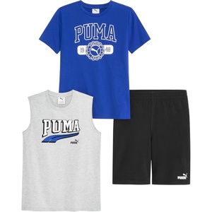 PUMA Boys’ 3 Piece Set, Short Sleeve Cotton Jersey T-shirt and Muscle Tee & Matching Short(Heather Grey/Blue)