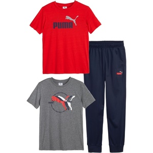 PUMA Boys’ 3 Piece Set, Short Sleeve Cotton Jersey T-shirts & Matching Tricot Pant(Charcoal Heather)