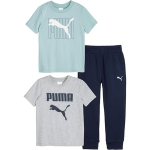 PUMA Boys’ 3 Piece Set, Short Sleeve Cotton Jersey T-shirts & Matching Tricot Pant(Heather Grey/Mint)