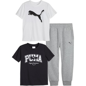 PUMA Boys’ 3 Piece Set, Short Sleeve Cotton Jersey T-shirts & Matching Tricot Pant(Puma Black)