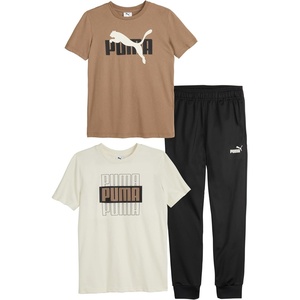 PUMA Boys’ 3 Piece Set, Short Sleeve Cotton Jersey T-shirts & Matching Tricot Pant(Taupe)