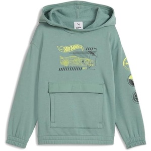 PUMA Boys’ Logo Pullover Hoodie, Fleece Sweatshirt, Large Front Pocket(Green Moon – Hot Wheels)