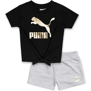 PUMA Girls’ 2pc Jersey SS Tee & French Terry Short Set(Black/Gold)