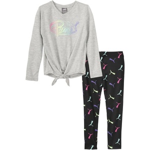 PUMA Girls’ Long Sleeve Tee & Legging Set, Logo Graphics, Crewneck(Light Heather Grey)