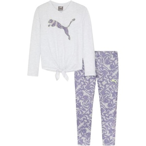 PUMA Girls’ Long Sleeve Tee & Legging Set, Logo Graphics, Crewneck(White Heather)