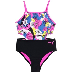 PUMA Girls’ One Piece Bathing Suit, Athletic Swimsuit, Quick Dry, Day Dream(Puma Black/Floral)