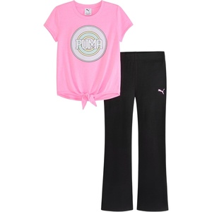 PUMA Girls’ Short Sleeve Tee & Legging Set, Logo Graphics, Crewneck(Pink Delight)