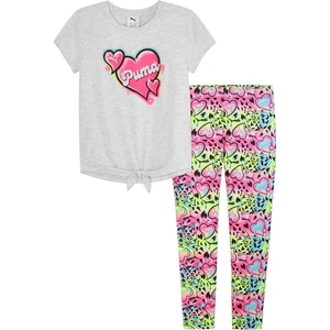PUMA Girls’ Short Sleeve Tee & Legging Set, Logo Graphics, Crewneck(White Heather)