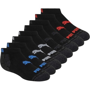 PUMA Kids’ Low Cut Extra Cushion & Arch Support Socks (8-Pack)(Black/Blue/Red)