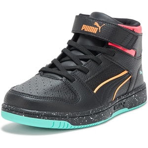 PUMA Kids’ Rebound Layup Mid Hook and Loop Sneakers(Black-rickie Orange-fire Orchid Ah25)