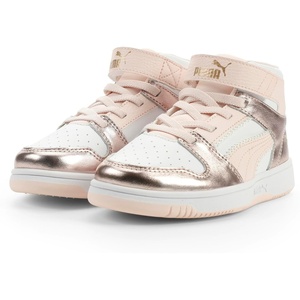 PUMA Kids’ Rebound Layup Mid Hook and Loop Sneakers(Puma White-jasmine Flower-gold)