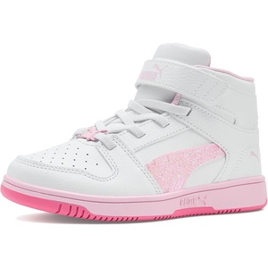 PUMA Kids’ Rebound Layup Mid Hook and Loop Sneakers(White/Pink Pixel/Pearl Pink)