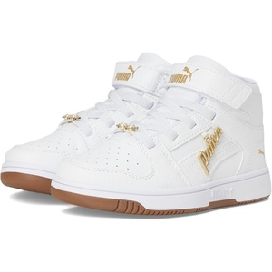 PUMA Kids’ Rebound Layup Mid Hook and Loop Sneakers(White-white-gold Ah25)