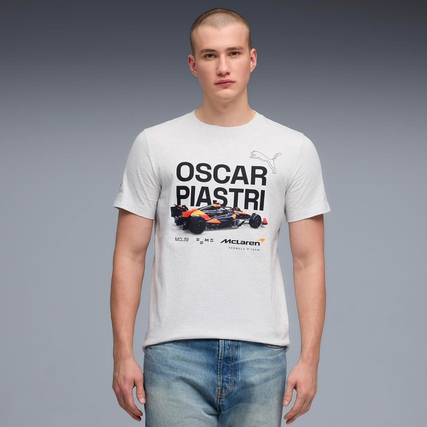 image:imagePUMA Mens Mclaren Racing Driver Piastri Graphic Crew Neck Short Sleeve Casual Tops Casual BlackWhite Glow Heather