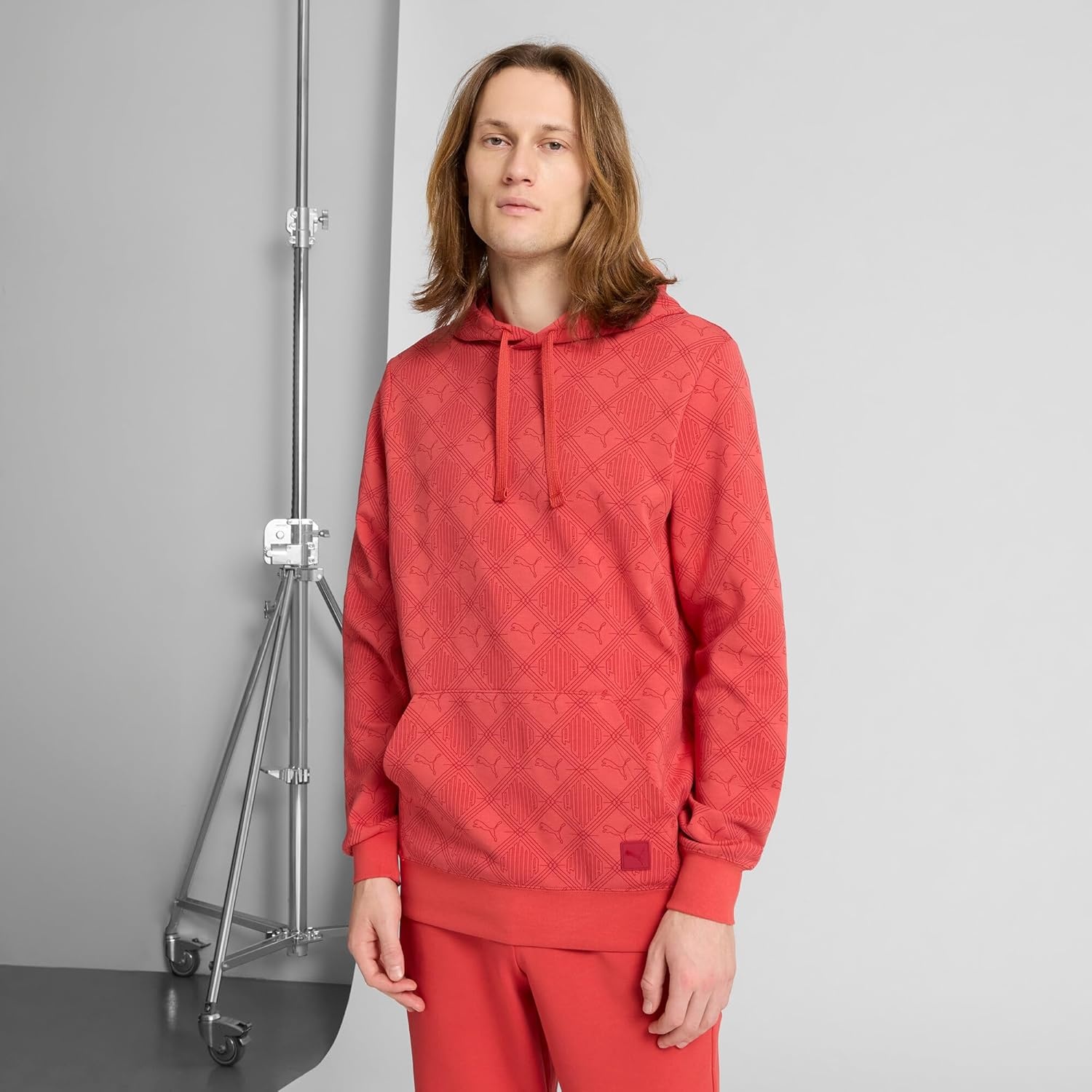 image:imagePUMA Mens Squad Graphic Hoodie Casual Outerwear Casual Pockets GreyLogomania Alloverprint Red Fire Ss25