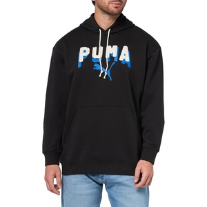 PUMA Mens Squad Graphic Hoodie Casual Outerwear Casual Pockets – Grey(Black Double Up Ah25)