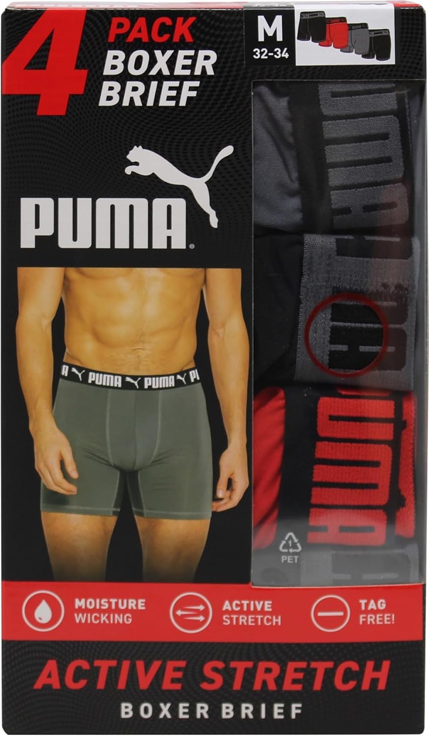 image:imagePUMA Mens 4 Pack Active Stretch Boxer BriefsBlackRed