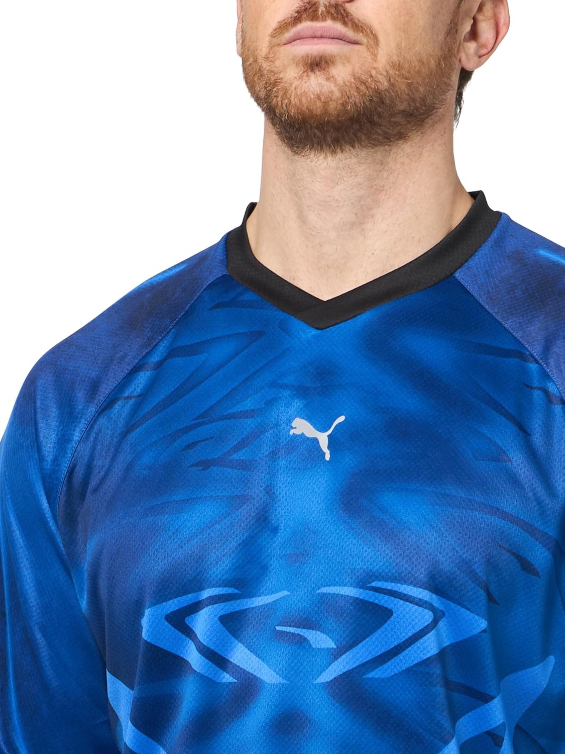 image:imagePUMA Mens PumatechX All Over Print Relaxed VNeck Short Sleeve Jersey Casual BlackMountain Blueall Over Print Ah25