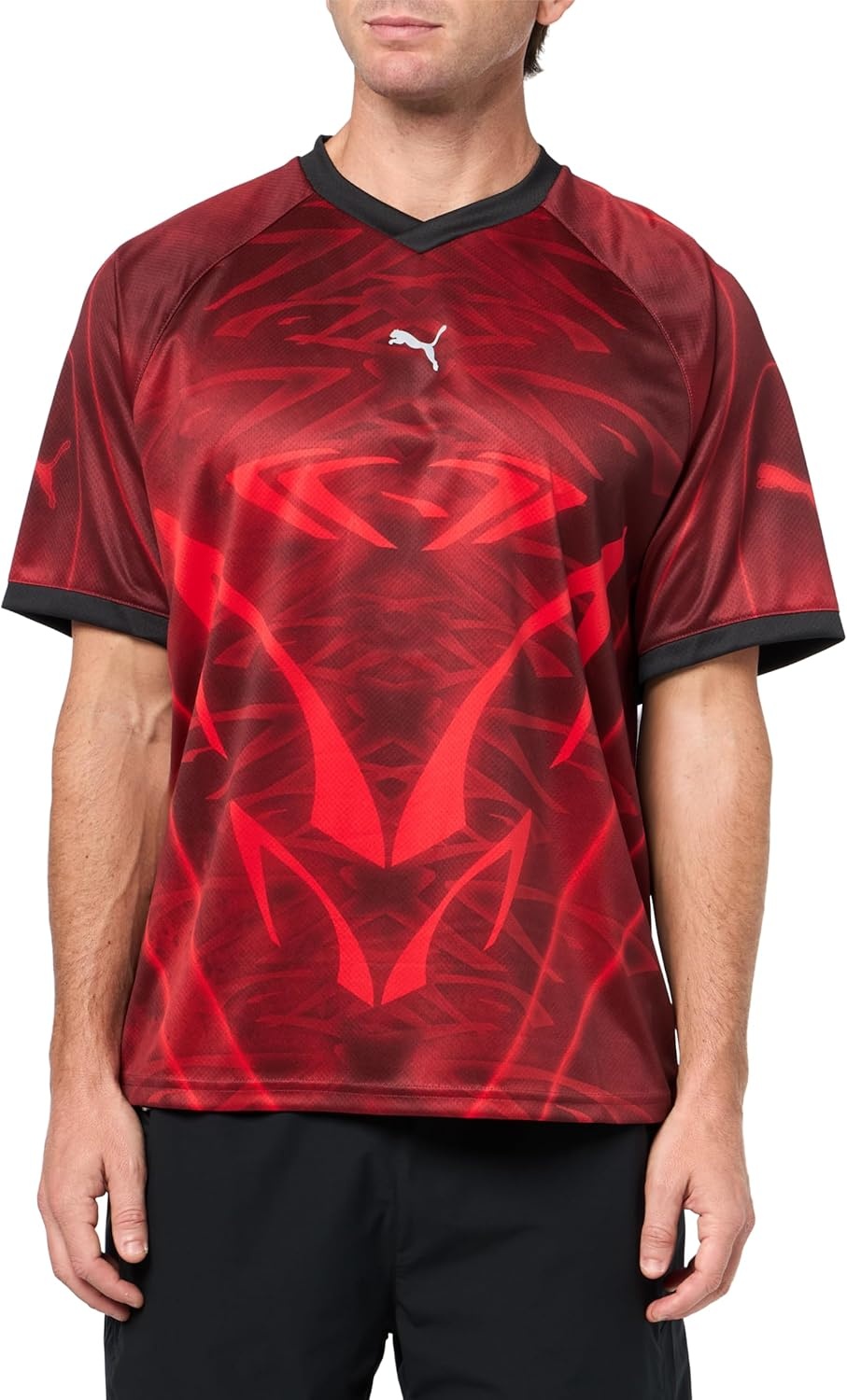 image:imagePUMA Mens PumatechX All Over Print Relaxed VNeck Short Sleeve Jersey Casual BlackRed