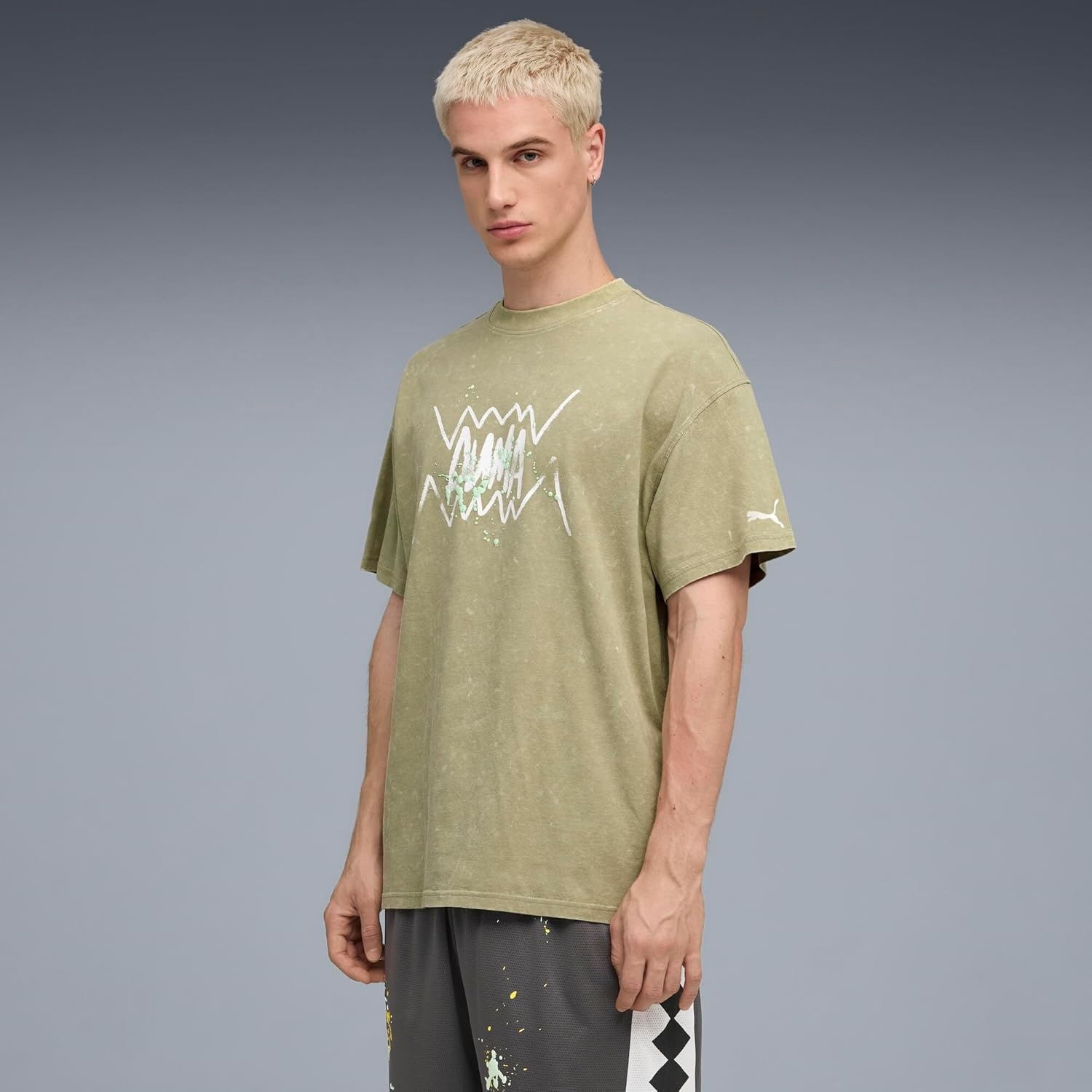 image:imagePUMA Mens Village Wear Graphic Crew Neck Short Sleeve Casual Tops CasualLux Army Basketball Paint Ah25