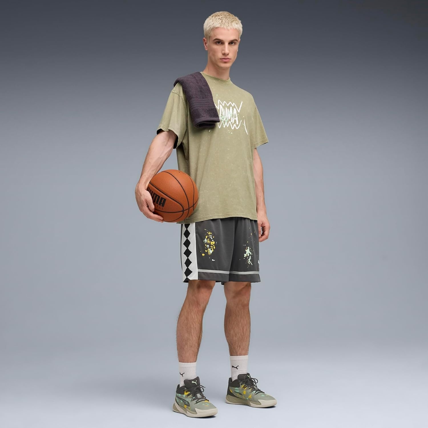 image:imagePUMA Mens Village Wear Graphic Crew Neck Short Sleeve Casual Tops CasualLux Army Basketball Paint Ah25