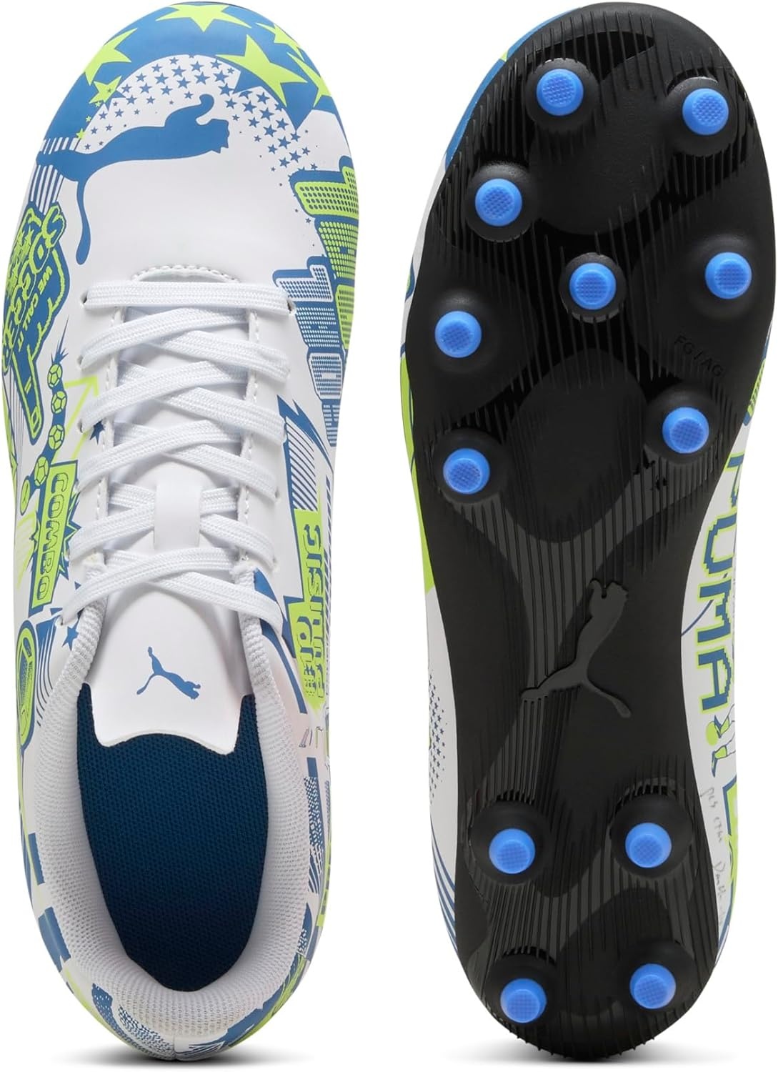 image:imagePuma UnisexChild Christian Pulisic Legacy Ultra Firm Artificial Ground Soccer CleatsPuma Whitelake Blueyellow Alert