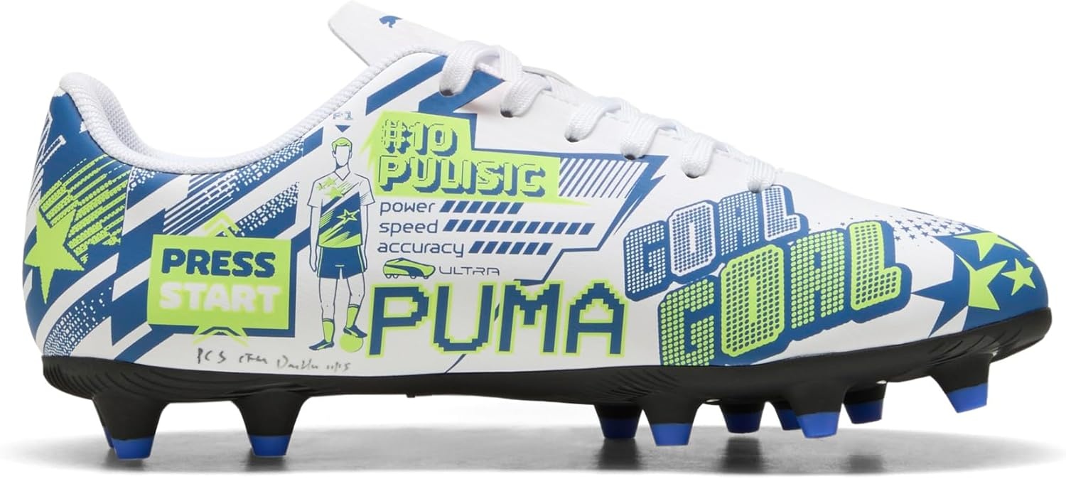 image:imagePuma UnisexChild Christian Pulisic Legacy Ultra Firm Artificial Ground Soccer CleatsPuma Whitelake Blueyellow Alert