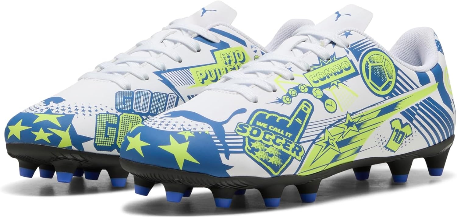 image:imagePuma UnisexChild Christian Pulisic Legacy Ultra Firm Artificial Ground Soccer CleatsPuma Whitelake Blueyellow Alert