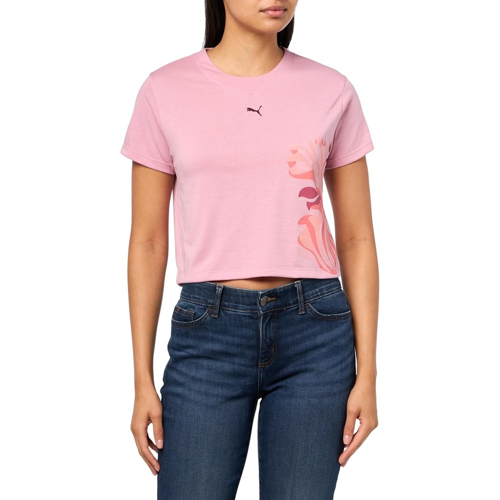 image:imagePUMA Womens Village Wear Graphic Crew Neck Short Sleeve Casual Tops Casual  BlackPoised Pink Floral Ribbon Ah25