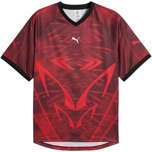 PUMA Mens Pumatech-X All Over Print Relaxed V-Neck Short Sleeve Jersey Casual – Black(Red)