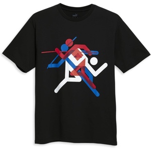 PUMA Mens Village Wear Graphic Crew Neck Short Sleeve Casual Tops Casual(Puma Black-puma Red)