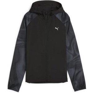 PUMA Womens Run Favorite Hooded Woven Jacket Running Athletic Outerwear – Black(Puma Black/Pscychedelic All-over-print)