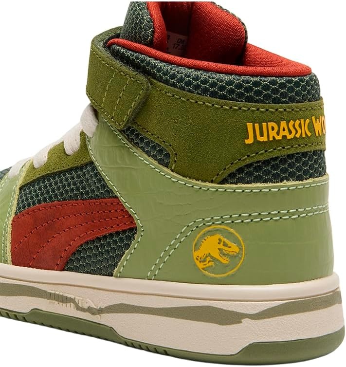 image:imagePUMA Kids Boys X Jurassic World Rebound High Sneakers Shoes Casual GreenGreen Mossmars Redyellow Sizzle