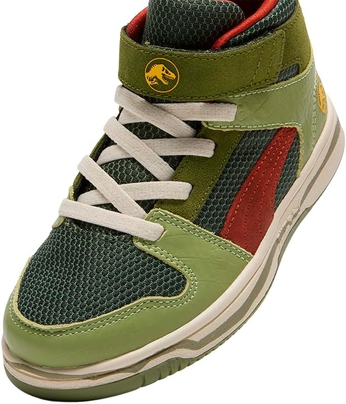 image:imagePUMA Kids Boys X Jurassic World Rebound High Sneakers Shoes Casual GreenGreen Mossmars Redyellow Sizzle