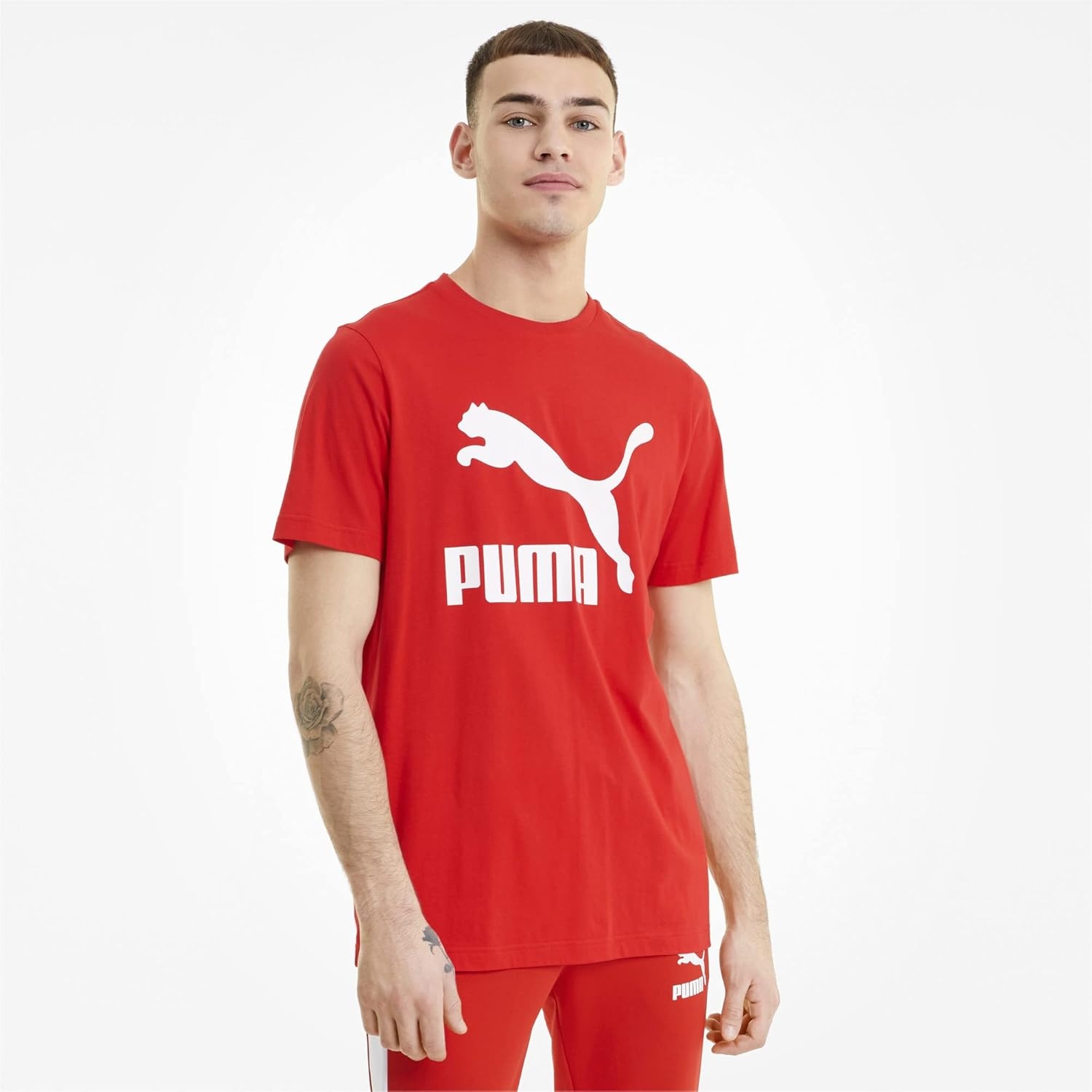 image:imagePUMA Mens Essentials Logo Crew Neck Short Sleeve Casual Tops CasualLogoHigh Risk Red