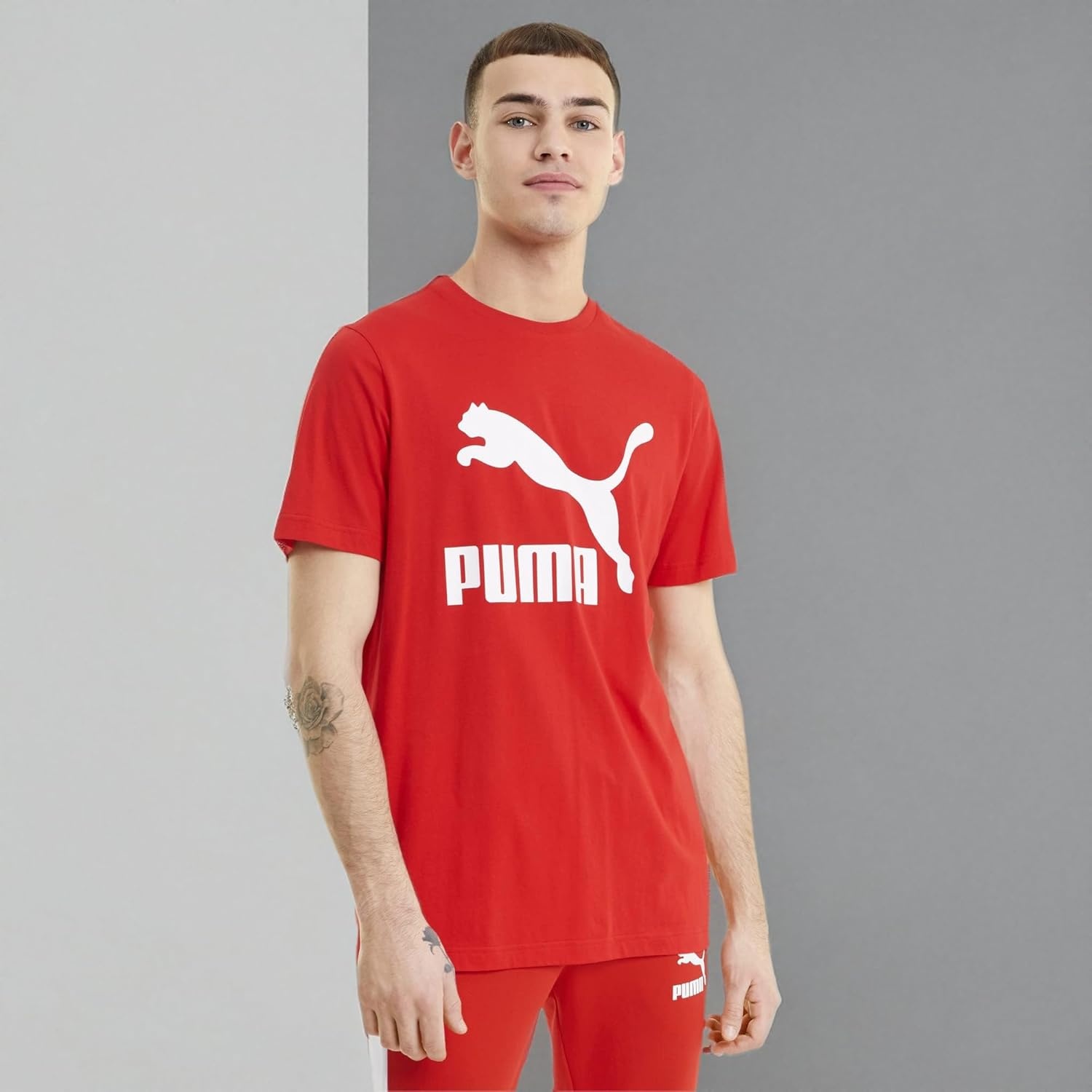 image:imagePUMA Mens Essentials Logo Crew Neck Short Sleeve Casual Tops CasualLogoHigh Risk Red